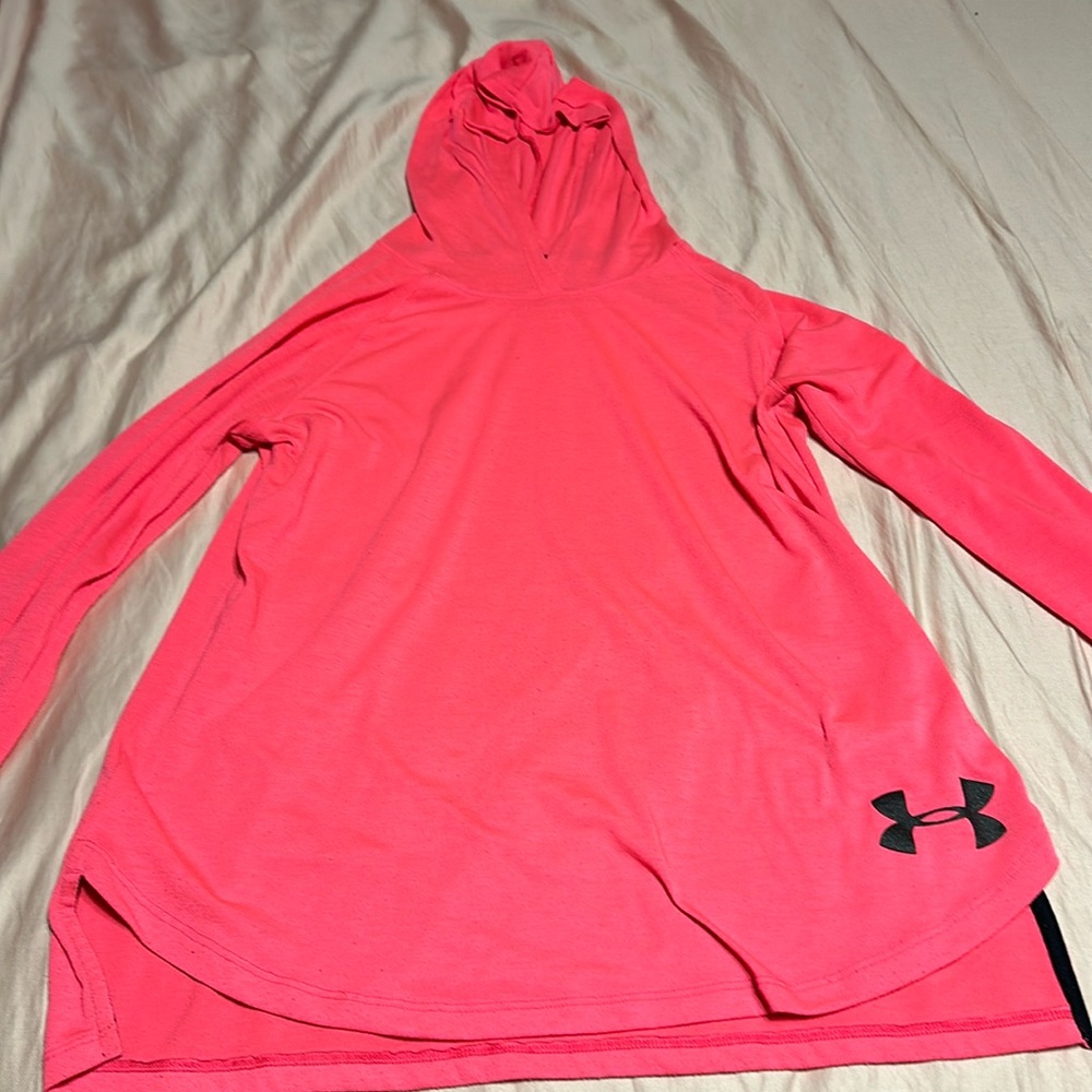 This is a pink fleece hoodie is a size youth extra large in a decent condition.